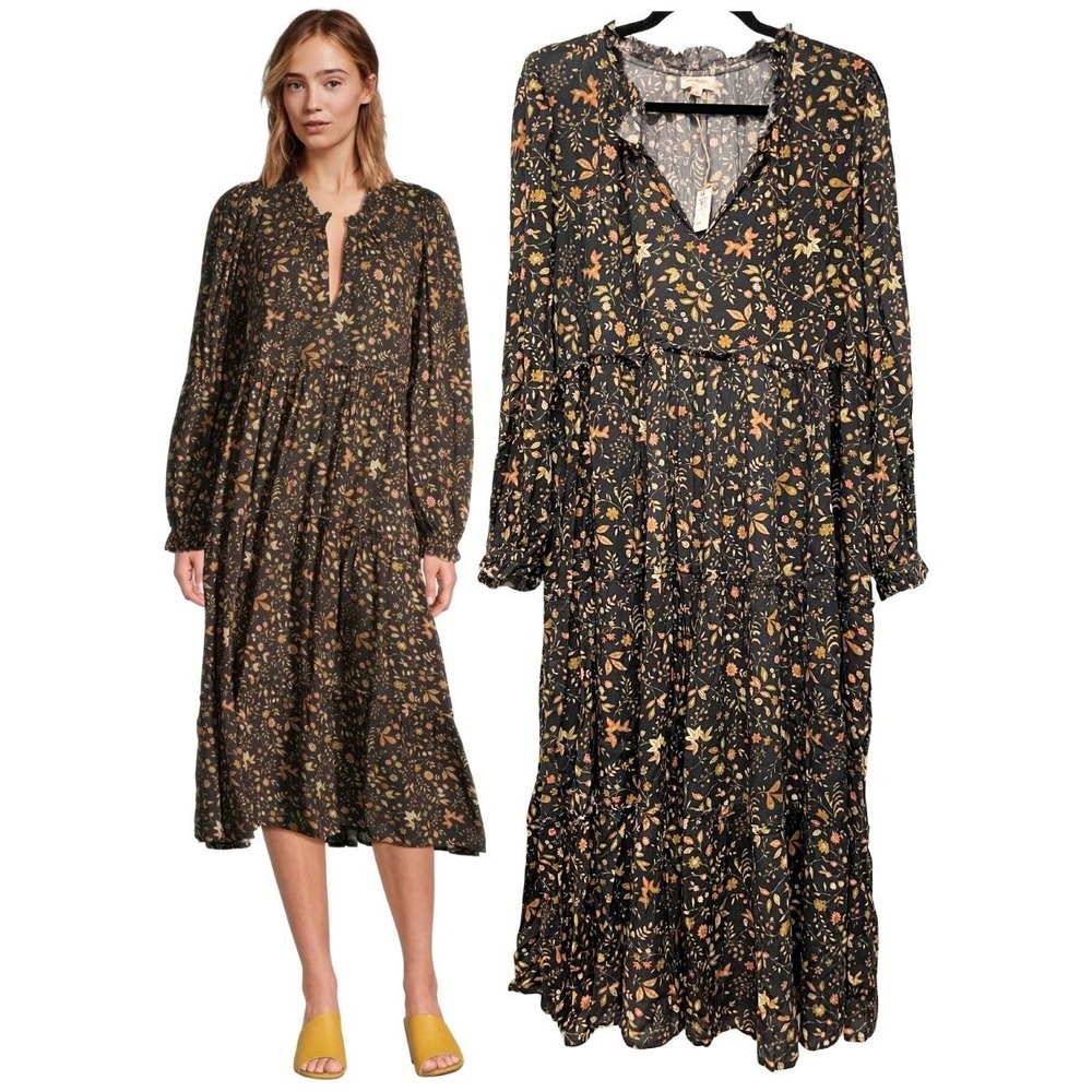 NWT World Market Floral Tiered Maxi Dress L XL Black Boho Long Sleeve